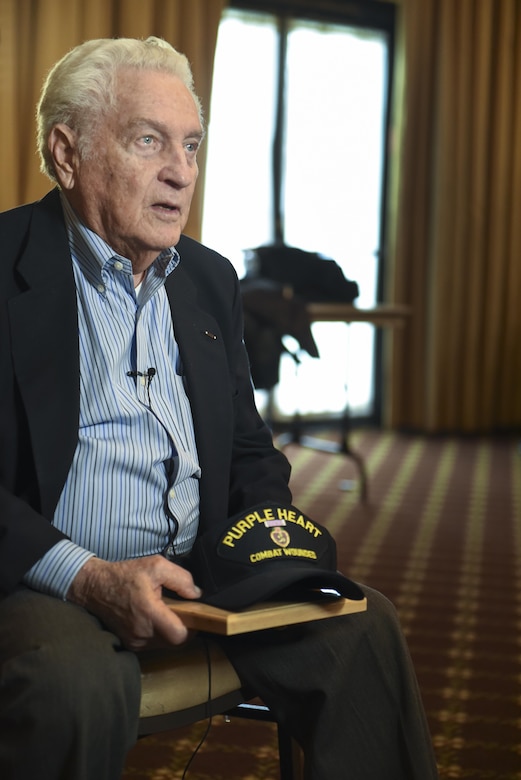 World War II veteran, Don Greenbaum, a forward observer with the 283rd Field Artillery Battalion, visits Joint Base McGuire-Dix-Lakehurst on Holocaust Remembrance Day, April 24, 2017. Greenbaum was wounded and awarded The Purple Heart during The Battle of the Bulge before liberating the Dachau Concentration Camp.