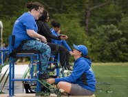 Jessica Dierking, a Warrior CARE athlete, gets geared up to toss the shotput at a track and field session at the adaptive sports camp at Eglin Air Force Base, Fla., April 24. The base hosts the week-long Wound Warrior CARE event that helps recovering wounded, ill and injured military members through specific hand-on rehabilitative training. (U.S. Air Force photo/Samuel King Jr.)