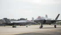Two F-35A Lightning IIs from the 34th Fighter Squadron at Hill Air Force Base, taxi to take-off for a training sortie at Royal Air Force Lakenheath, England, April 20. The U.S. Air Force deployed the aircraft, approximately 250 Airmen, and associated equipment to Lakenheath on a long-planned training deployment to conduct air training with other Europe-based aircraft. (U.S. Air Force photo/Staff Sgt. Emerson Nuñez)