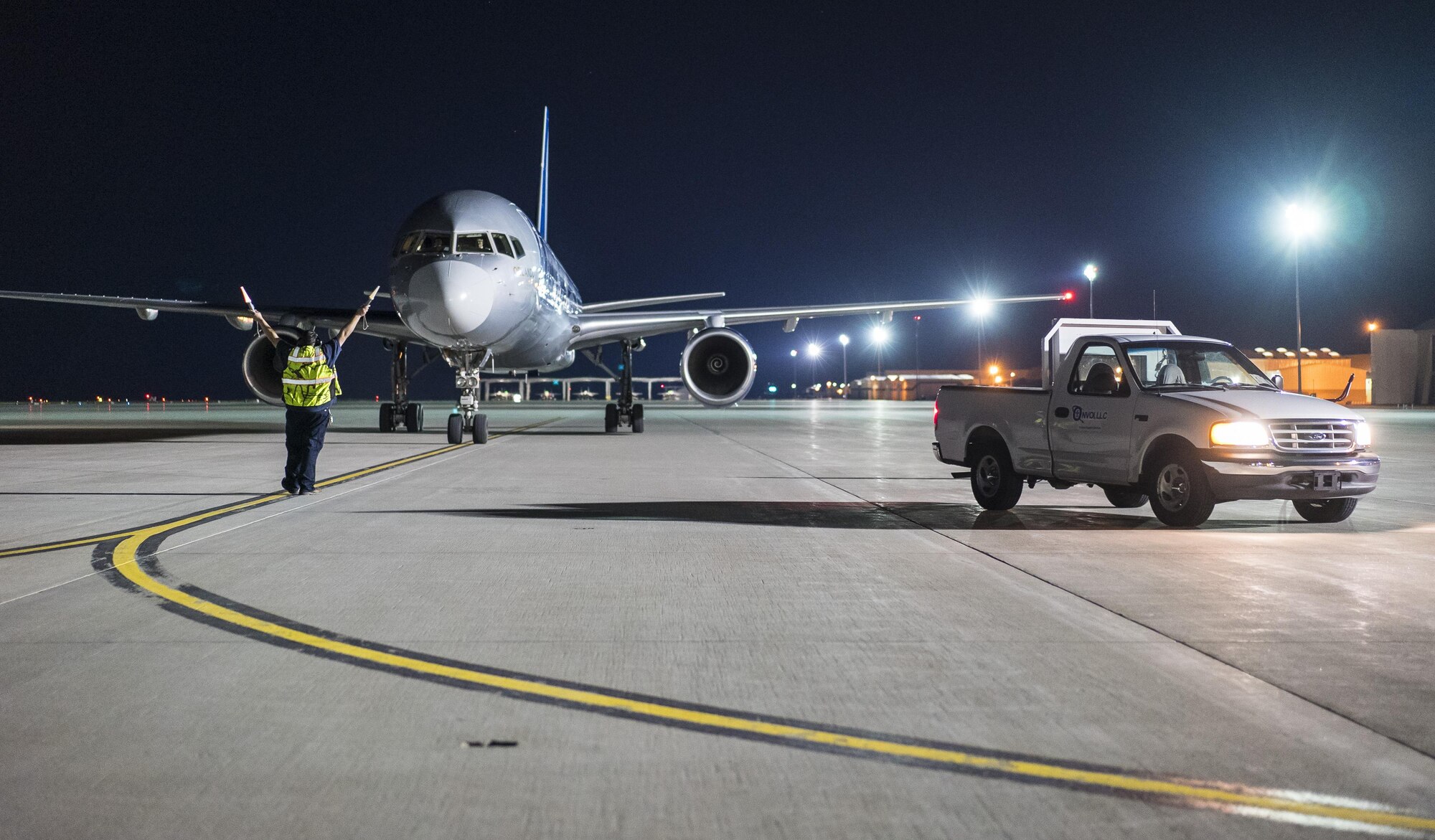 A charter aircraft parks at Mountain Home Air Force Base, Idaho, April 22, 2017. Between two aircraft, more than 100 airmen assigned to the 726th Air Control Squadron returned from a six-month deployment to locations throughout Southwest Asia. (U.S. Air Force photo/Staff Sgt. Samuel Morse)