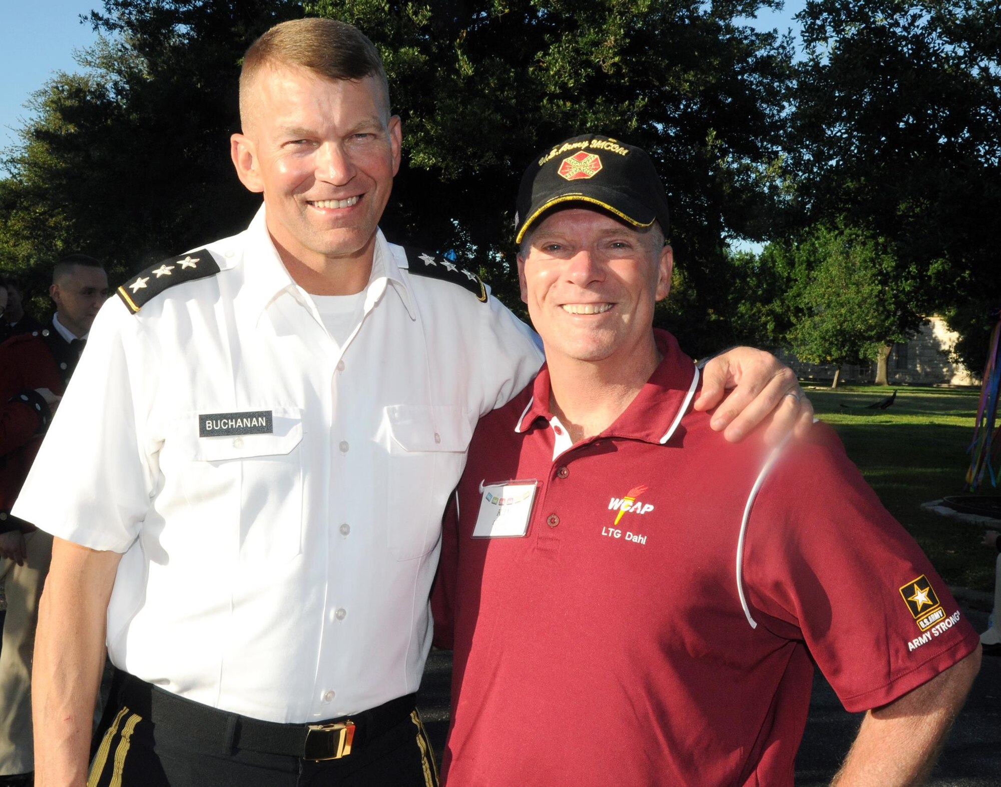 Lt. Gen. Jeffrey Buchanan (left) and Lt. Gen. Kenneth Dahl (right) Visit together during a reception at the Fiesta and Fireworks event at Joint Base San Antonio-Fort Sam Houston April 23. Buchanan is commanding general of U.S. Army North (Fifth Army) and Dahl is commander of the U.S. Army Installation Management Command, both of which are headquartered at JBSA-Fort Sam Houston.