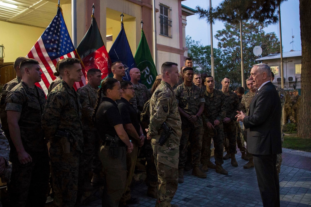 Defense Secretary Jim Mattis meets with troops.