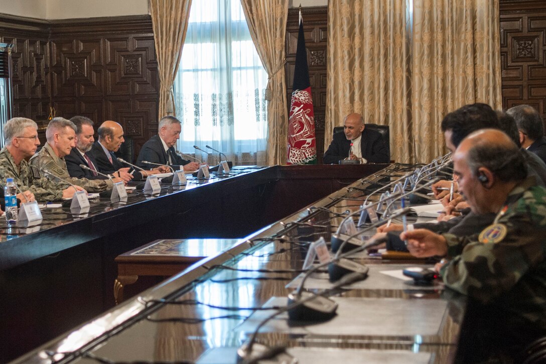 Defense Secretary Jim Mattis meets with Afghan President Ashraf Ghani at the presidential palace in Kabul, Afghanistan, April 24, 2017. DoD photo by Air Force Tech. Sgt. Brigitte N. Brantley