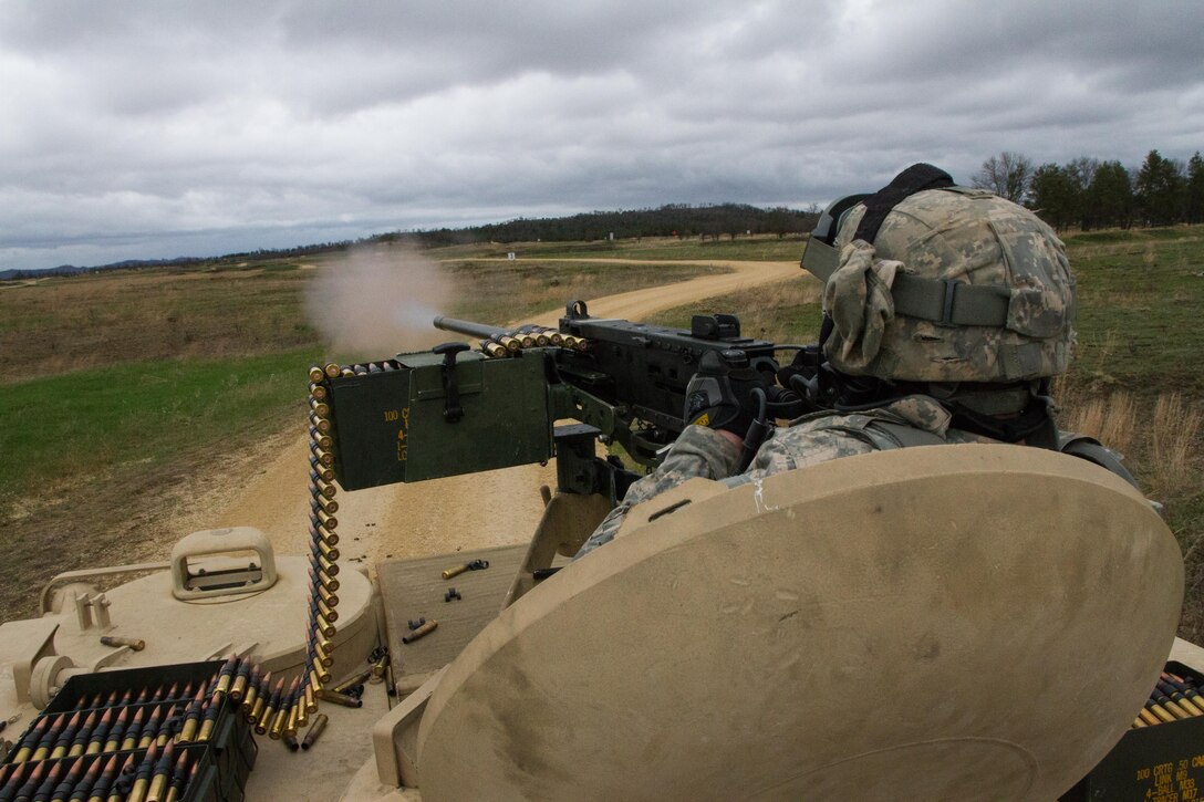U.S. Army Reserve Spc. Zachary Rumo, 366th Engineer Company, 412th Theater Engineer Command, completes basic live fire with an M2 .50 caliber machine gun during Operation Cold Steel at Fort McCoy, Wis., April 20, 2017. Operation Cold Steel is the U.S. Army Reserve's crew-served weapons qualification and validation exercise to ensure that America's Army Reserve units and Soldiers are trained and ready to deploy on short-notice and bring combat-ready and lethal firepower in support of the Army and our joint partners anywhere in the world. (U.S. Army Reserve photo by Staff Sgt. Debralee Best, 84th Training Command)