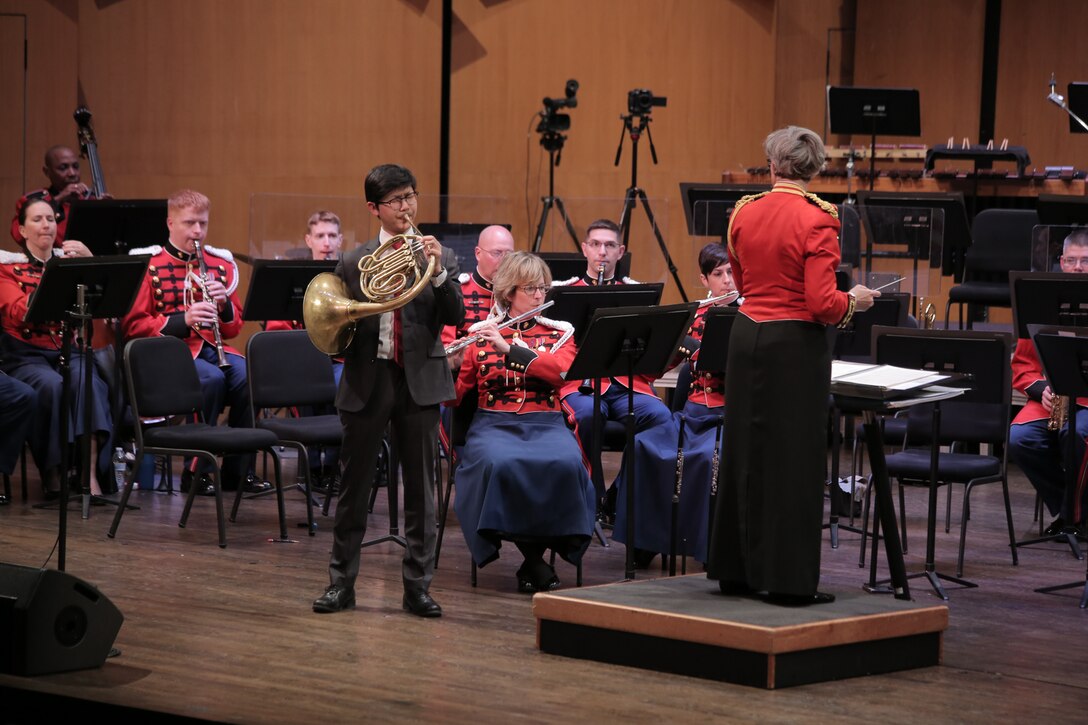 On April 9, 2017 the Marine Band performed "And the Winner Is...?" at the Rachel M. Schlesinger Concert Hall at Northern Virginia Community College in Alexandria. The concert featured French horn soloist Shawn Zheng, the winner of the Marine Band's Concert Competition for High School Musicians, as well as a tribute to Ella Fitzgerald. (U.S. Marine Corps photos by Master Sgt. Kristin duBois/released)