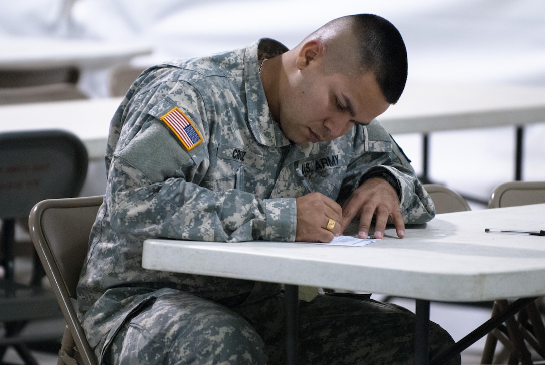 Sgt. Roberto Cruz of the 387th Engineer Company, 301st Maneuver Enhancement Brigade, participates in the written exam portion of the 2017 Combined Best Warrior Competition at Joint Base McGuire-Dix-Lakehurst, New Jersey, April 24, 2017. The Combined Best Warrior Competition will decide which enlisted soldier and noncommissioned officer will represent the 412th Theater Engineer Command, 416th Engineer Command and 76th Operational Response Command at the United States Army Reserve Command Best Warrior Competition at Fort Bragg, North Carolina in June (U.S. Army Reserve Photo by Spc. Sean Harding/Released).