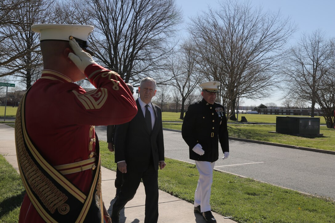 On April 8, 2017, “The President’s Own” U.S. Marine Band performed for the memorial service for Lt. Gen. Lawrence F. Snowden, veteran of World War II, Korea, and Vietnam, and the senior ranking survivor from the Battle of Iwo Jima. He also founded the Reunion of Honor, an annual gathering of Iwo Jima veterans from the U.S. and their Japanese counterparts held on Iwo Jima and Guam. The service in Quantico, Va., was attended by Commandant of the Marine Corps Gen. Robert B. Neller and Secretary of Defense Lt. Gen. James N. Mattis (USMC, ret.). (U.S. Marine Corps photo by Master Sgt. Kristin duBois/released)