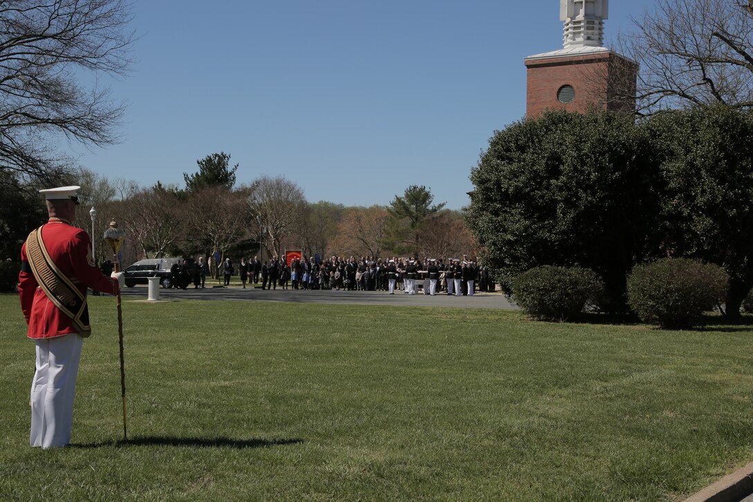 On April 8, 2017, “The President’s Own” U.S. Marine Band performed for the memorial service for Lt. Gen. Lawrence F. Snowden, veteran of World War II, Korea, and Vietnam, and the senior ranking survivor from the Battle of Iwo Jima. He also founded the Reunion of Honor, an annual gathering of Iwo Jima veterans from the U.S. and their Japanese counterparts held on Iwo Jima and Guam. The service in Quantico, Va., was attended by Commandant of the Marine Corps Gen. Robert B. Neller and Secretary of Defense Lt. Gen. James N. Mattis (USMC, ret.). (U.S. Marine Corps photo by Master Sgt. Kristin duBois/released)