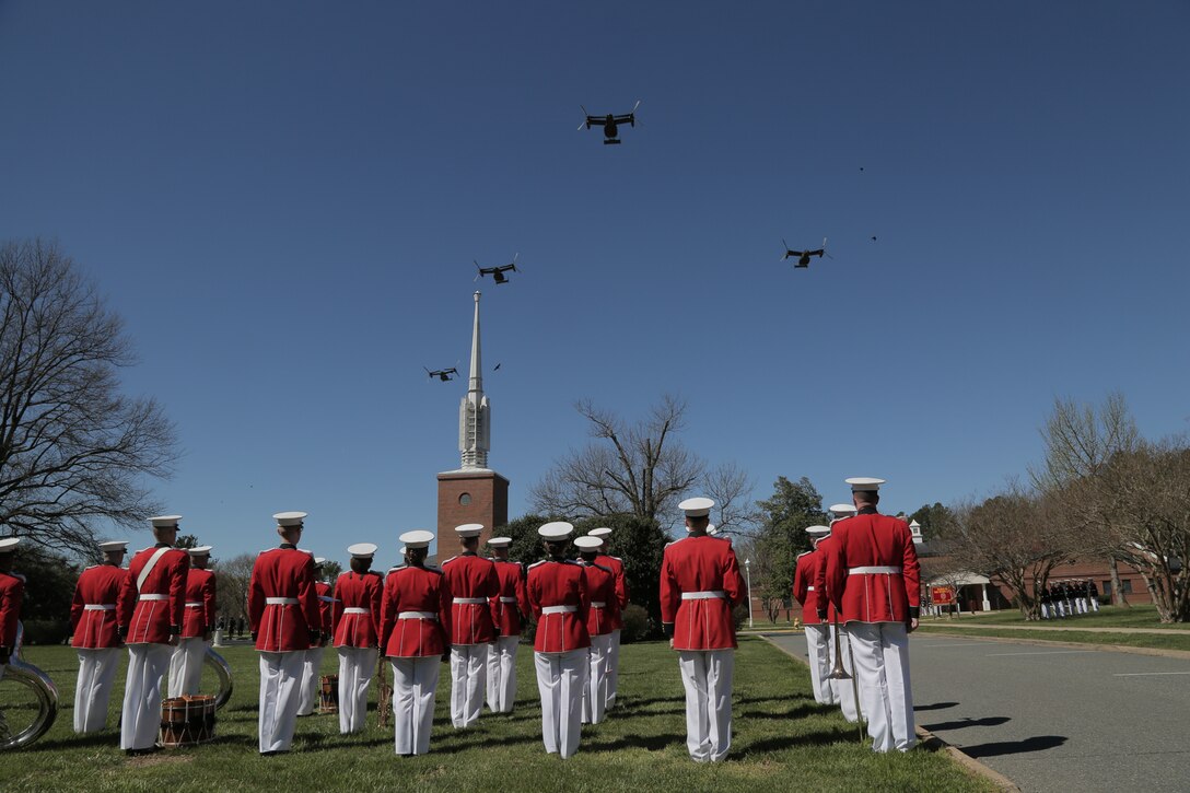 On April 8, 2017, “The President’s Own” U.S. Marine Band performed for the memorial service for Lt. Gen. Lawrence F. Snowden, veteran of World War II, Korea, and Vietnam, and the senior ranking survivor from the Battle of Iwo Jima. He also founded the Reunion of Honor, an annual gathering of Iwo Jima veterans from the U.S. and their Japanese counterparts held on Iwo Jima and Guam. The service in Quantico, Va., was attended by Commandant of the Marine Corps Gen. Robert B. Neller and Secretary of Defense Lt. Gen. James N. Mattis (USMC, ret.). (U.S. Marine Corps photo by Master Sgt. Kristin duBois/released)