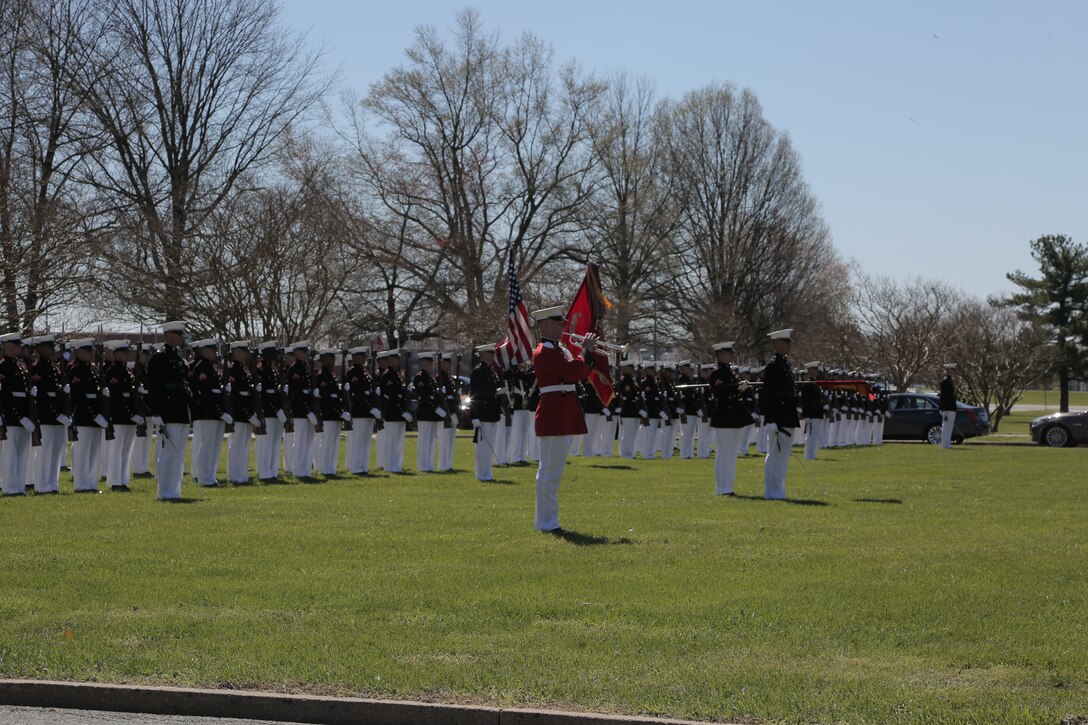 On April 8, 2017, “The President’s Own” U.S. Marine Band performed for the memorial service for Lt. Gen. Lawrence F. Snowden, veteran of World War II, Korea, and Vietnam, and the senior ranking survivor from the Battle of Iwo Jima. He also founded the Reunion of Honor, an annual gathering of Iwo Jima veterans from the U.S. and their Japanese counterparts held on Iwo Jima and Guam. The service in Quantico, Va., was attended by Commandant of the Marine Corps Gen. Robert B. Neller and Secretary of Defense Lt. Gen. James N. Mattis (USMC, ret.). (U.S. Marine Corps photo by Master Sgt. Kristin duBois/released)