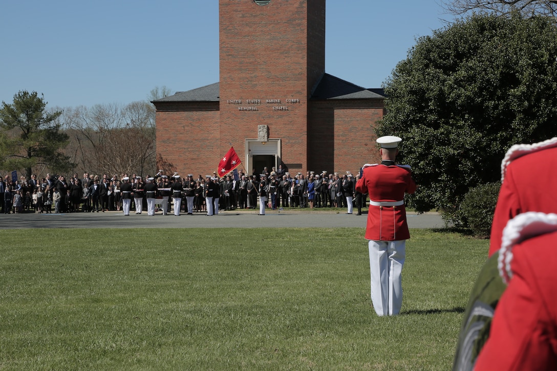 On April 8, 2017, “The President’s Own” U.S. Marine Band performed for the memorial service for Lt. Gen. Lawrence F. Snowden, veteran of World War II, Korea, and Vietnam, and the senior ranking survivor from the Battle of Iwo Jima. He also founded the Reunion of Honor, an annual gathering of Iwo Jima veterans from the U.S. and their Japanese counterparts held on Iwo Jima and Guam. The service in Quantico, Va., was attended by Commandant of the Marine Corps Gen. Robert B. Neller and Secretary of Defense Lt. Gen. James N. Mattis (USMC, ret.). (U.S. Marine Corps photo by Master Sgt. Kristin duBois/released)