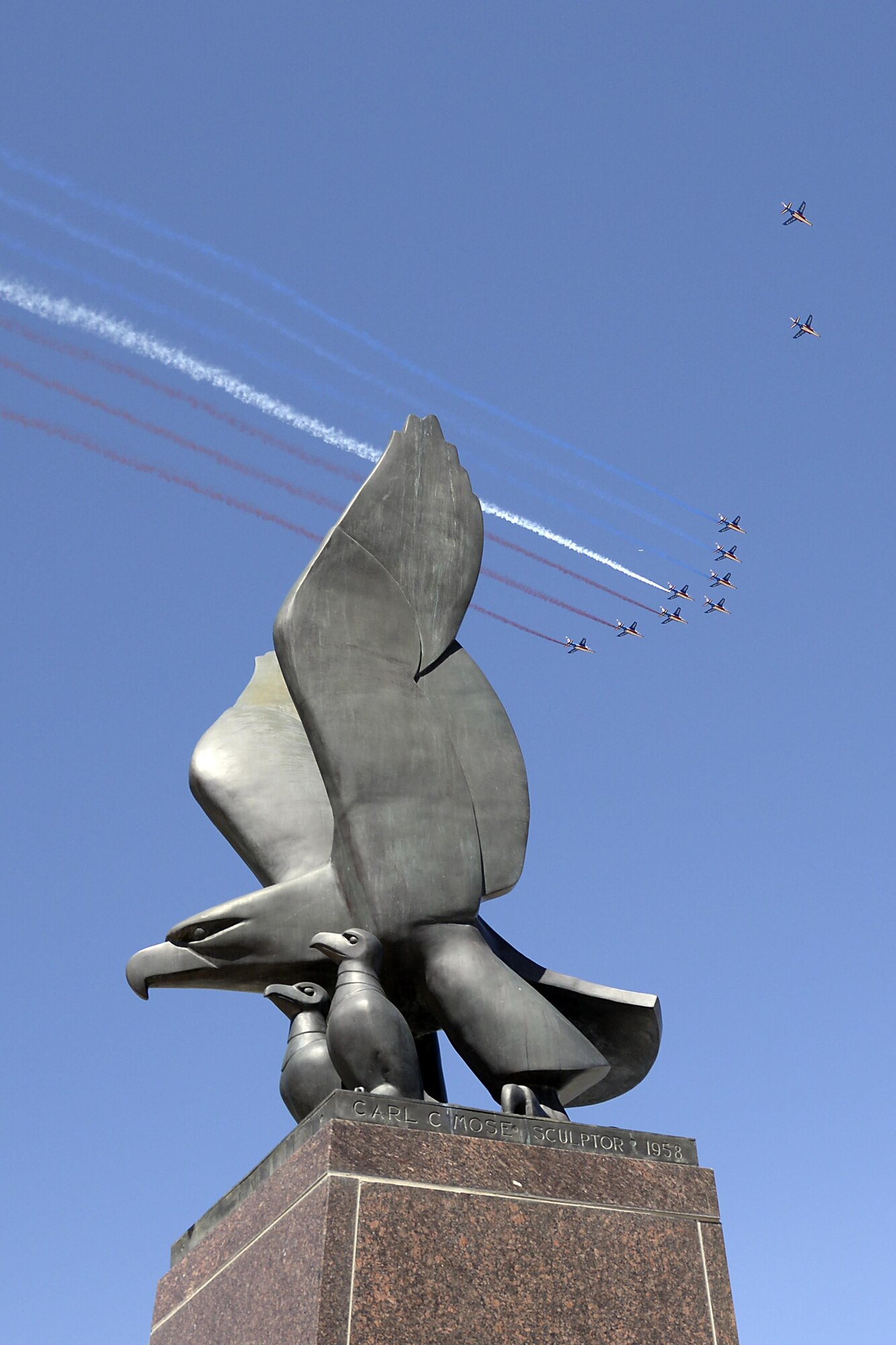 U.S. AIR FORCE ACADEMY, Colo. – French pilots with the Patrouille de France fly over the Colorado Springs, Colorado, area during a flyover for the U.S. Air Force Academy, April 19, 2017. The aerobatic demonstration team is on a seven-week tour of the U.S. to commemorate the 100th anniversary of the U.S. entering into World War One. (U.S. Air Force photo by Darcy Ibidapo)