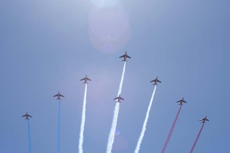 PETERSON AIR FORCE BASE, Colo. – French pilots with the Patrouille de France fly over the Colorado Springs, Colorado, area during a flyover for the U.S. Air Force Academy, April 19, 2017. The aerobatic demonstration team is on a seven-week tour of the U.S. to commemorate the 100th anniversary of the U.S. entering into World War One. (U.S. Air Force photo by Airman 1st Class Dennis Hoffman)