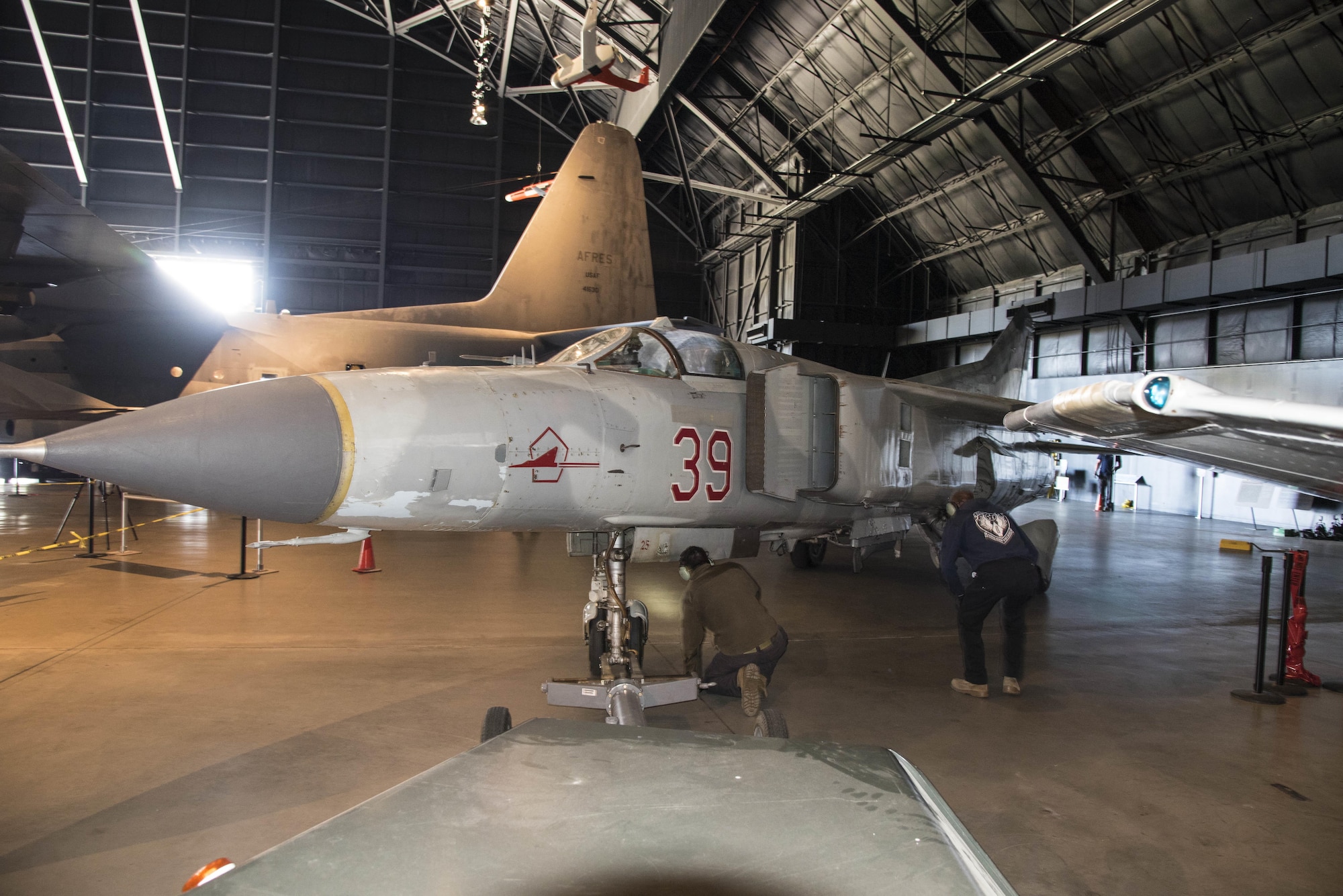 DAYTON, Ohio -- The Mikoyan-Gurevich MiG-23MS “Flogger-E” being moved into the museum's Cold War Gallery on April 25, 2017. (U.S. Air Force photo by Ken LaRock)