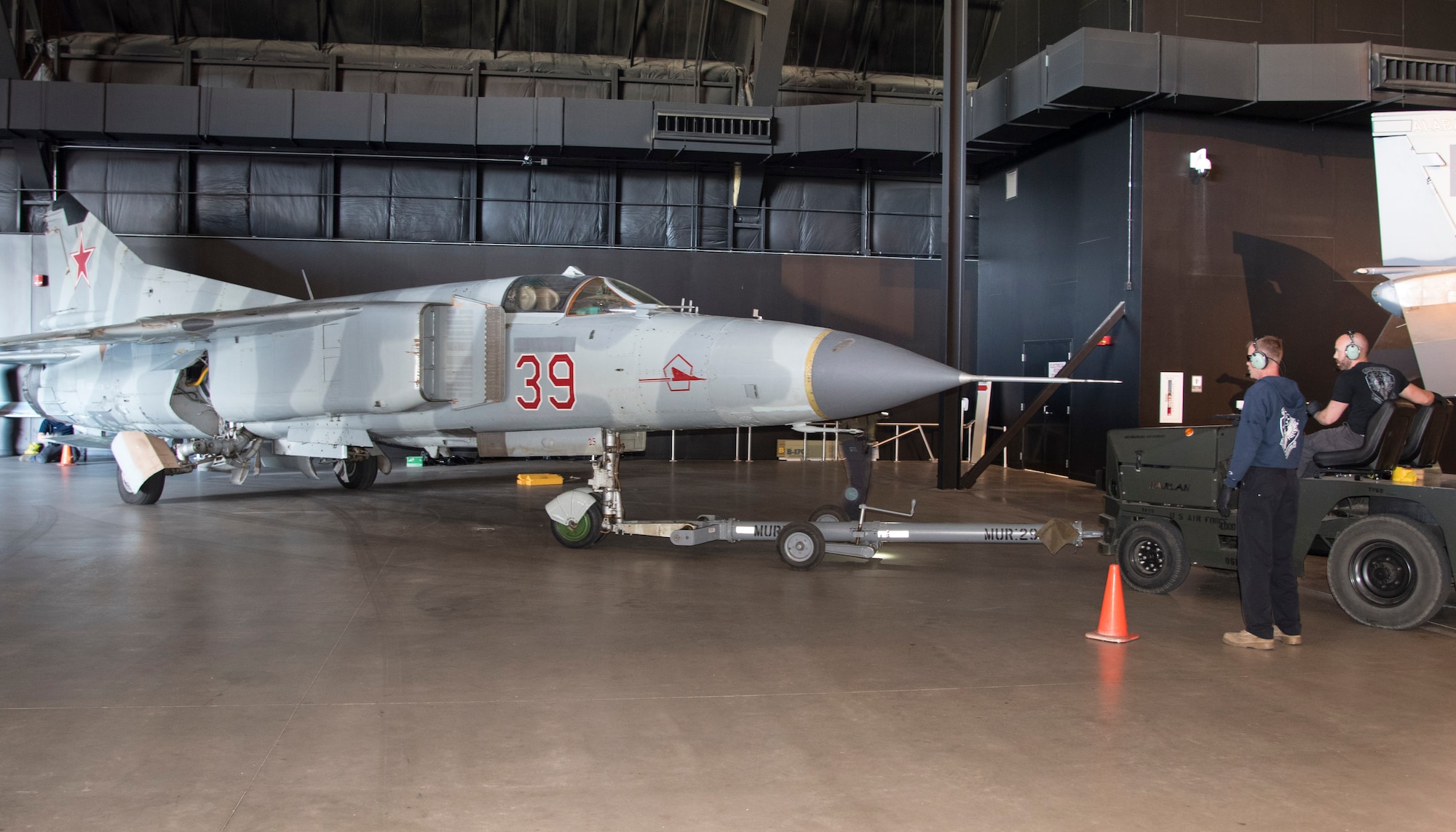 DAYTON, Ohio -- The Mikoyan-Gurevich MiG-23MS “Flogger-E” being moved into the museum's Cold War Gallery on April 25, 2017. (U.S. Air Force photo by Ken LaRock)