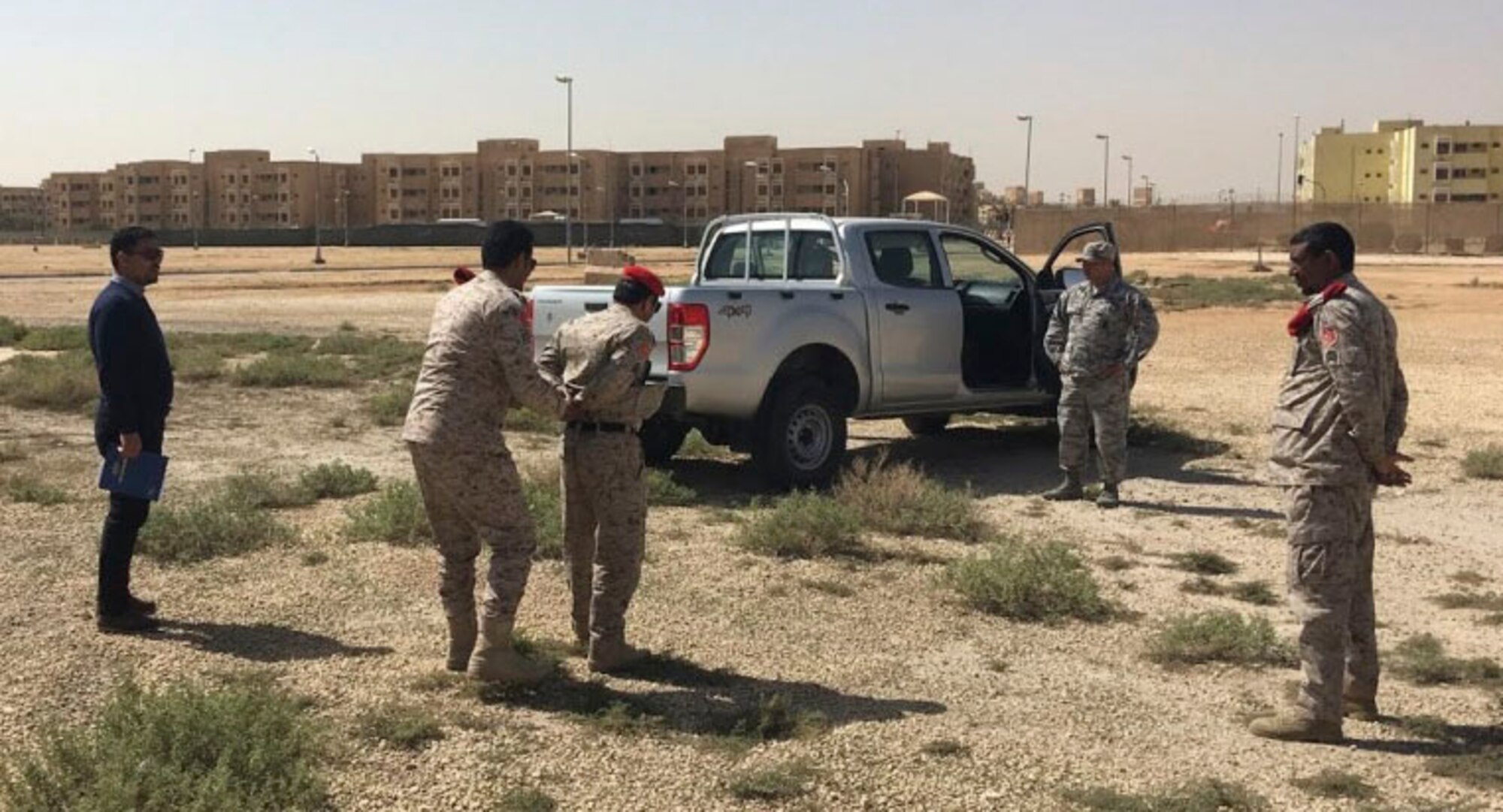 Members of the Saudi Arabia Ministry of Defense Military Police perform a high risk traffic stop during a three-week training exercise with the 879th Expeditionary Security Forces Squadron and Air Force Office of Special Investigations Detachment 243 at Eskan Village, Saudi Arabia, in March 2017. The training covered security protection, including formations for escorting, identifying explosives, vehicle searches, distinguished visitor convoys, reaction to contact and aggressive driving techniques. (U.S. Air Force photo/Senior Airman Cynthia Innocenti)