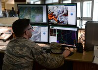 Airman Connor McDonald, 5th Operations Support Squadron weather forecaster, monitors the weather conditions via satellite at Minot Air Force Base, N.D., April 18, 2017. The 5th OSS weather forecasters create and tailor data to flying and ground assets. (U.S. Air Force photos/Airman 1st Class Dillon Audit)
