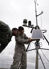 (From left) Airman 1st Class Errol Petgrave and Airman Connor McDonald, 5th Operations Support Squadron weather forecasters, inspect a Deployed Tactical Meteorological Observing System (TMQ-53) at Minot Air Force Base, N.D., April 18, 2017. The TMQ-53 gathers atmospheric data and is used mostly in deployed locations. (U.S. Air Force photos/Airman 1st Class Dillon Audit)