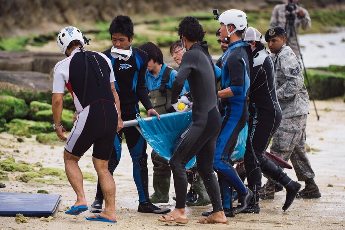 A makeshift rescue team of Okinawan veterinarians and personnel from the 18th Security Forces Squadron and 18th Force Support Squadron slowly carry an injured dwarf sperm whale to a crane April 17, 2017, at Kadena Marina, Japan. The dwarf sperm whale is the smallest species of whale. 