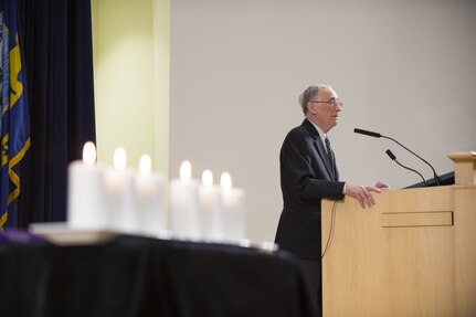 Martin Marty Weiss, holocaust survivor and U.S. Army veteran, shares his story with attendees of Naval Surface Warfare Center, Carderock Division™s Holocaust Remembrance Program in West Bethesda, Md., on April 13, 2017. (U.S. Navy photo by Devin Pisner/Released)