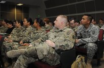 Members of the Air National Guard, Army National Guard and Army Reserve, receive the introductory brief for Cyber Shield 17 at Camp Williams, April 24, 2017. Cyber Shield 17 is an Army National Guard Defensive Cyberspace Operations exercise, with participation of approximately 800 members of the Air National Guard, United States Army Reserve, state and federal government agencies, industry partners, and academia.