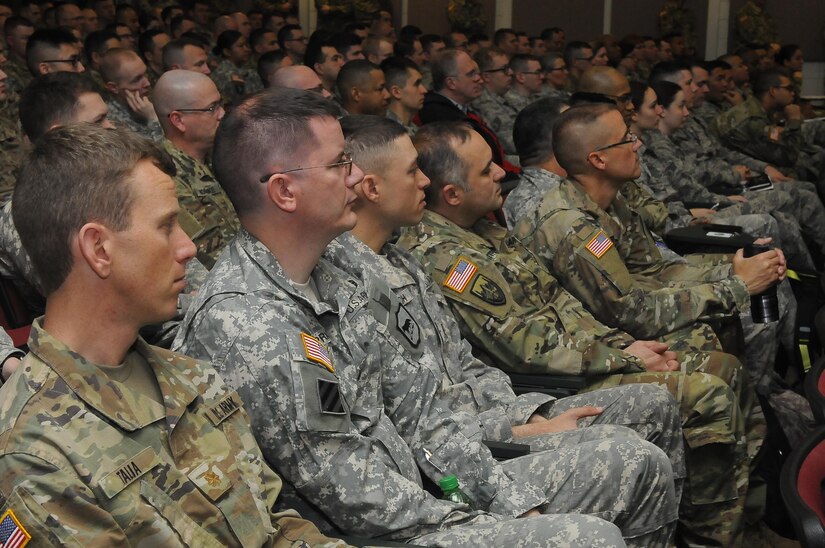 Members of the Air National Guard, Army National Guard and Army Reserve, receive the introductory brief for Cyber Shield 17 at Camp Williams, April 24, 2017. Cyber Shield 17 is an Army National Guard Defensive Cyberspace Operations exercise, with participation of approximately 800 members of the Air National Guard, United States Army Reserve, state and federal government agencies, industry partners, and academia.