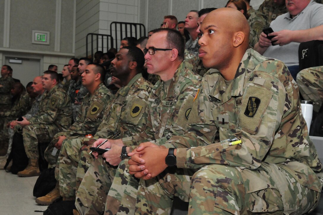 Members of the Air National Guard, Army National Guard and Army Reserve, receive the introductory brief for Cyber Shield 17 at Camp Williams, April 24, 2017. Cyber Shield 17 is an Army National Guard Defensive Cyberspace Operations exercise, with participation of approximately 800 members of the Air National Guard, United States Army Reserve, state and federal government agencies, industry partners, and academia.