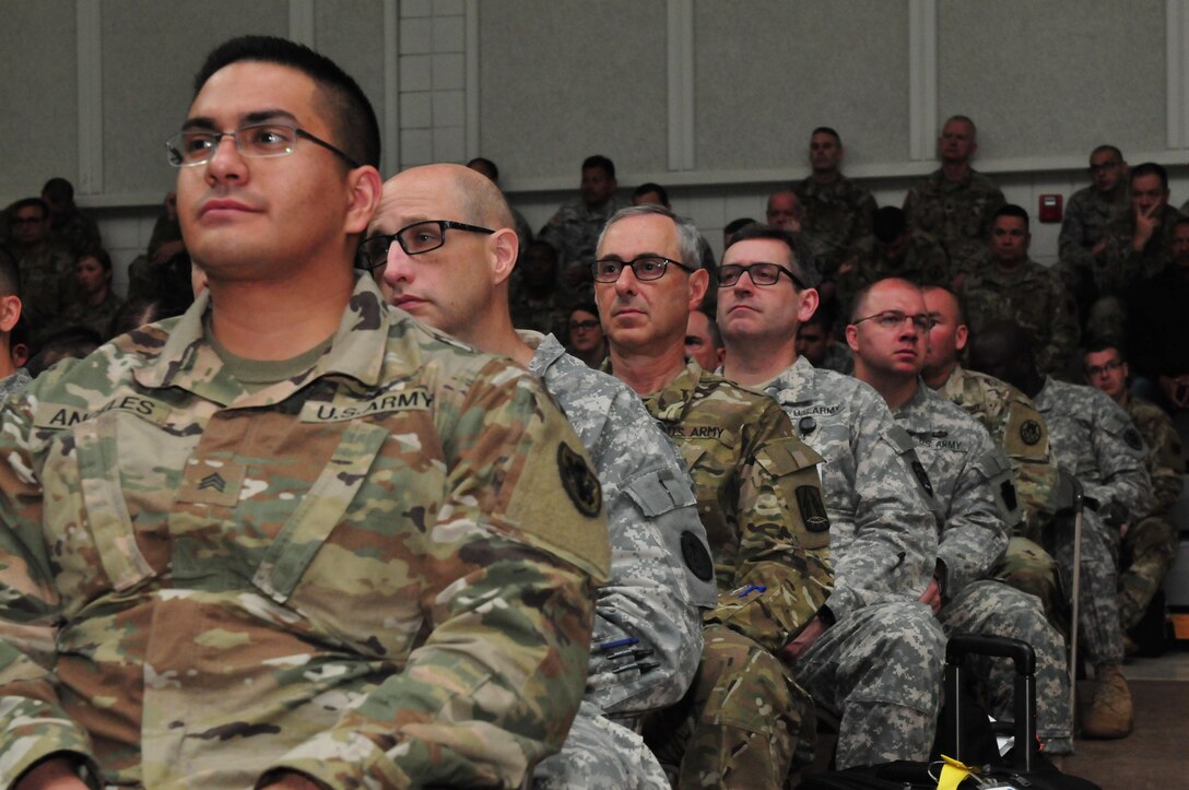 Members of the Air National Guard, Army National Guard and Army Reserve, receive the introductory brief for Cyber Shield 17 at Camp Williams, April 24, 2017. Cyber Shield 17 is an Army National Guard Defensive Cyberspace Operations exercise, with participation of approximately 800 members of the Air National Guard, United States Army Reserve, state and federal government agencies, industry partners, and academia.