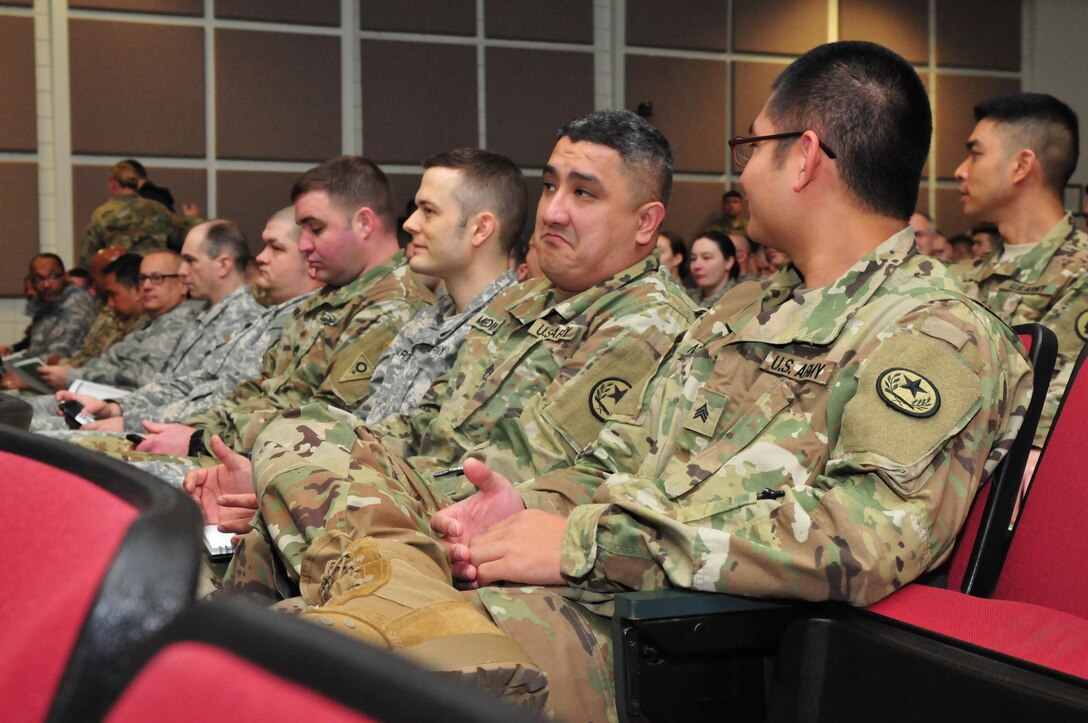 Soldiers with the Texas Army National Guard wait for the introductory brief of Cyber Shield 17 to begin at Camp Williams, April 24, 2017. Cyber Shield 17 is an Army National Guard Defensive Cyberspace Operations exercise, with participation of approximately 800 members of the Air National Guard, United States Army Reserve, state and federal government agencies, industry partners, and academia.