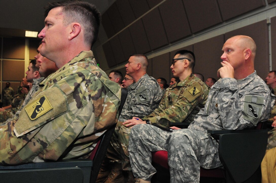 Soldiers with the Army Reserve 75th Training Division wait for the introductory brief of Cyber Shield 17 to begin at Camp Williams, April 24, 2017. Cyber Shield 17 is an Army National Guard Defensive Cyberspace Operations exercise, with participation of approximately 800 members of the Air National Guard, United States Army Reserve, state and federal government agencies, industry partners, and academia.
