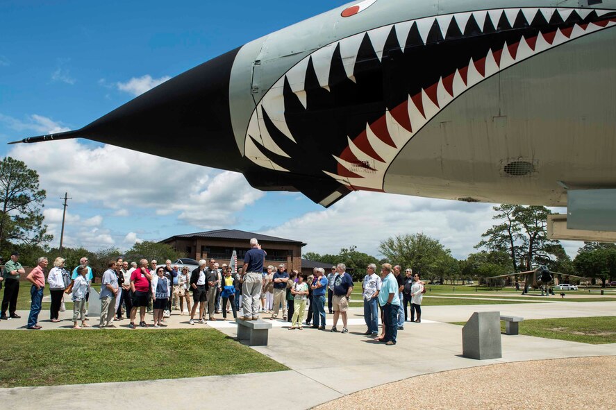 Ken Sloat, 23d Wing historian, gives veterans a tour of the George W. Bush Airpark during their reunion, April 24 to 26, at Moody Air Force Base, Ga. The veterans were all stationed at Moody in the late 1970s. Many fought alongside one another during the Vietnam War in support of the F-4E Phantom II’s mission (U.S. Air Force Photo by Airman 1st Class Janiqua P. Robinson)