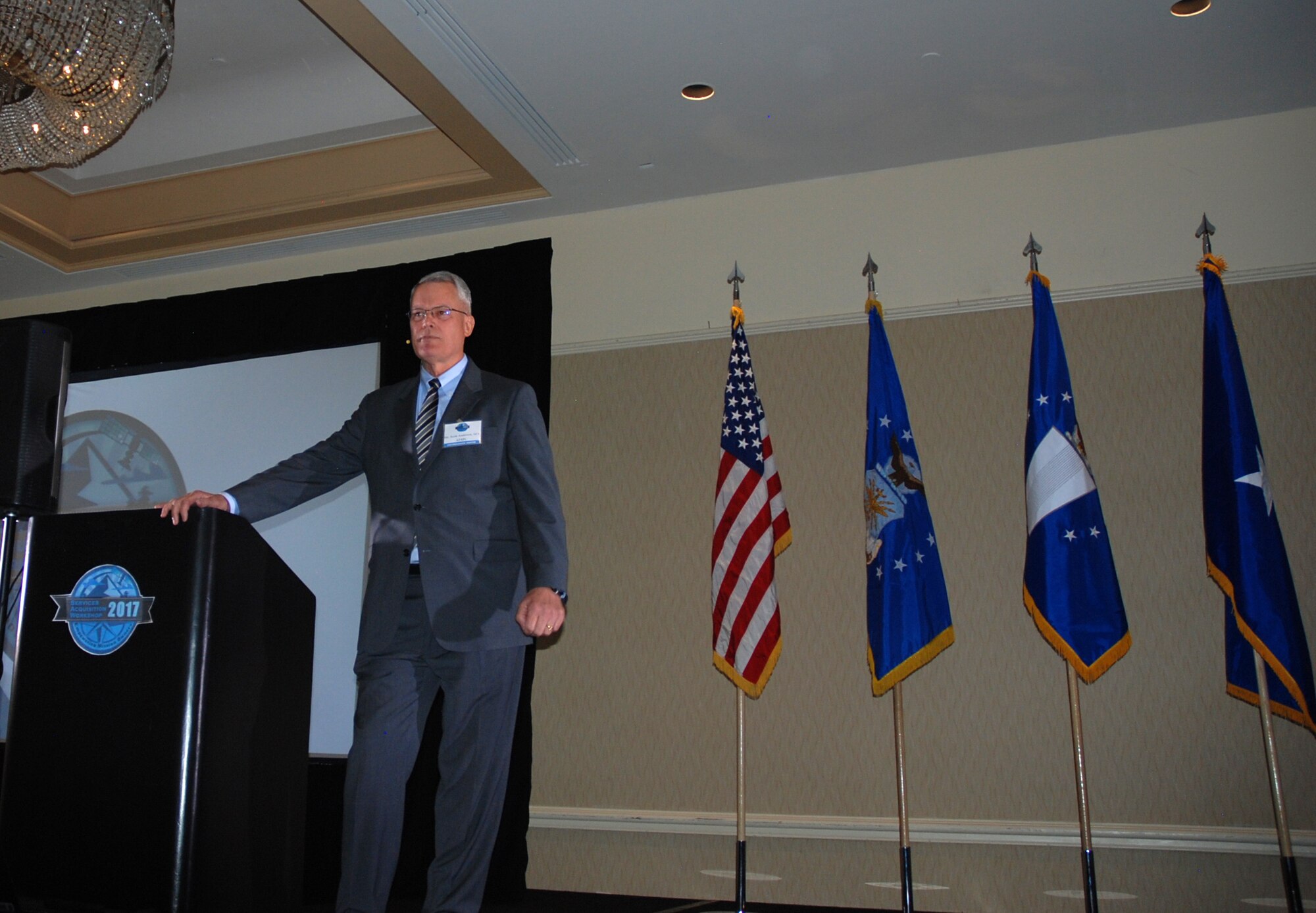 Scott Anderson, Air Force Space Command executive director, shares some of his experiences during the Air Force Services Acquisition Workshop April 18, 2018 in Colorado Springs, Colo. The renewed event was held April 17-20 and hosted by Air Force Space Command. The workshop was last held in 2010. (U.S. Air Force Photo by Dave Smith)