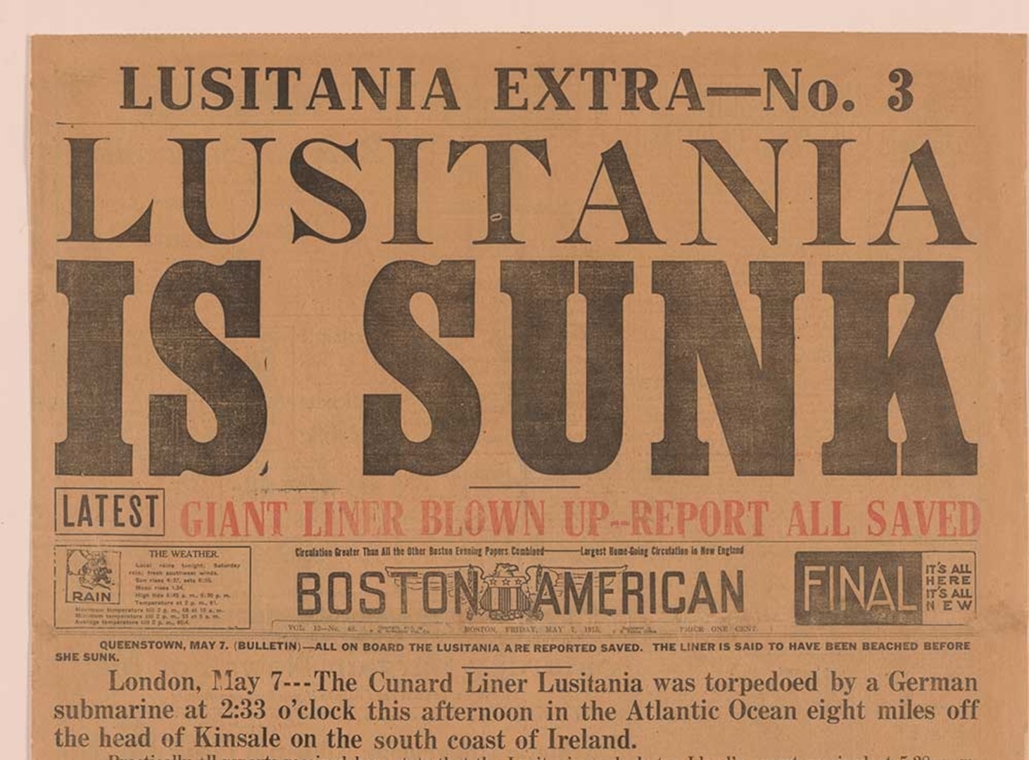 The sinking of the Lusitania was the most notorious and deadly of several German submarine attacks in early 1917 -- attacks that were a key factor in the United States' decision to abandon a policy of neutrality and enter the war.