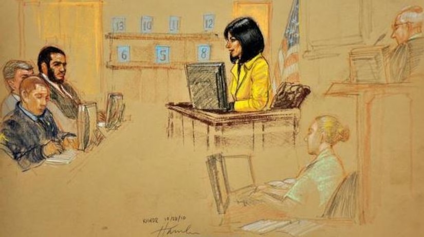 In a Pentagon-approved photograph of a sketch by artist Janet Hamlin, Arlette Zinck testifies during a military commission trial of Omar Khadr on Oct. 28, 2010 in Guantanamo Bay, Cuba. Staff Sgt. Sarah Hawley is the court reporter depicted in the drawing.