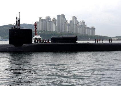 The Ohio-class guided-missile submarine USS Michigan (SSGN 727) arrives in Busan for a scheduled port visit while conducting routine patrols throughout  the western Pacific, April 24, 2017. Michigan is the second submarine of the Ohio-class of ballistic missile and guided missile submarines, and the third U.S. ship to bear the name. Michigan is homeported in Bremerton, Wash. and is forwarded deployed from Guam.  