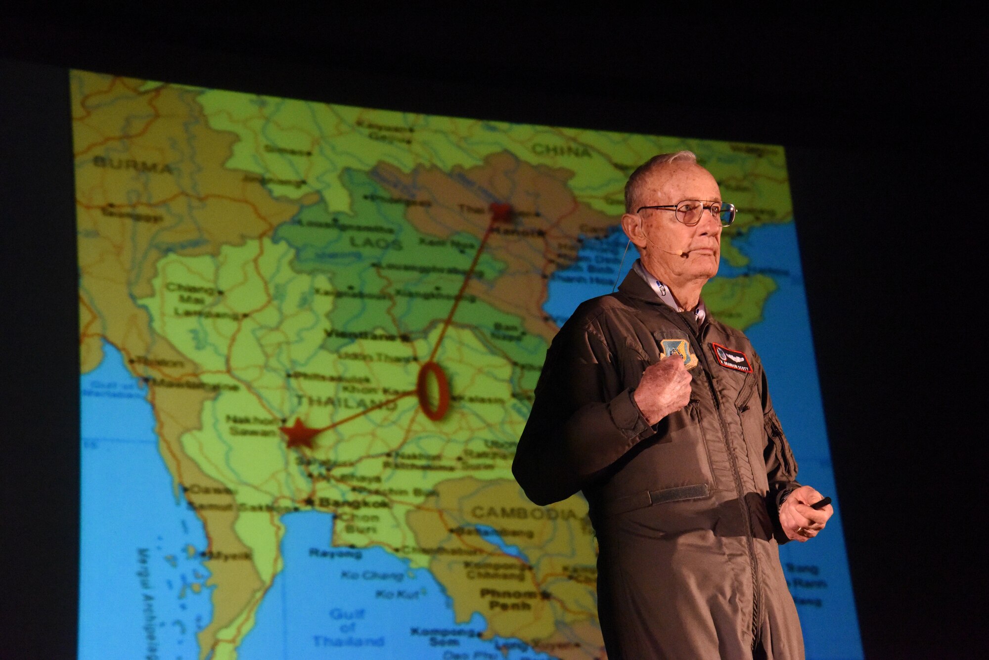 Retired Col. Marty Mahrt speaks about his triumphs and close calls during his time in North Vietnam during the Leaders Inspiring for Tomorrow Summit Apr. 21, 2017, at Fairchild Air Force Base, Washington. The LIFT conference and engagement showcased 18 featured storytellers over a single-day who shared their stories of inspiration, innovation, character and leadership. (U.S. Air Force photo/Tech. Sgt. Travis Edwards)