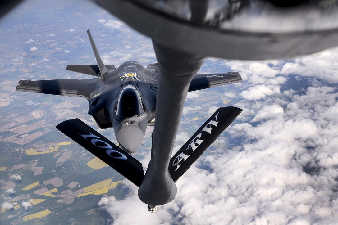 An Air Force F-35 Lightning II prepares to couple with a KC-135 Stratotanker for refueling near Estonia, April 25, 2017. The F-35s are participating in their first flying training deployment to Europe. Air Force photo Senior Airman Christine Groening