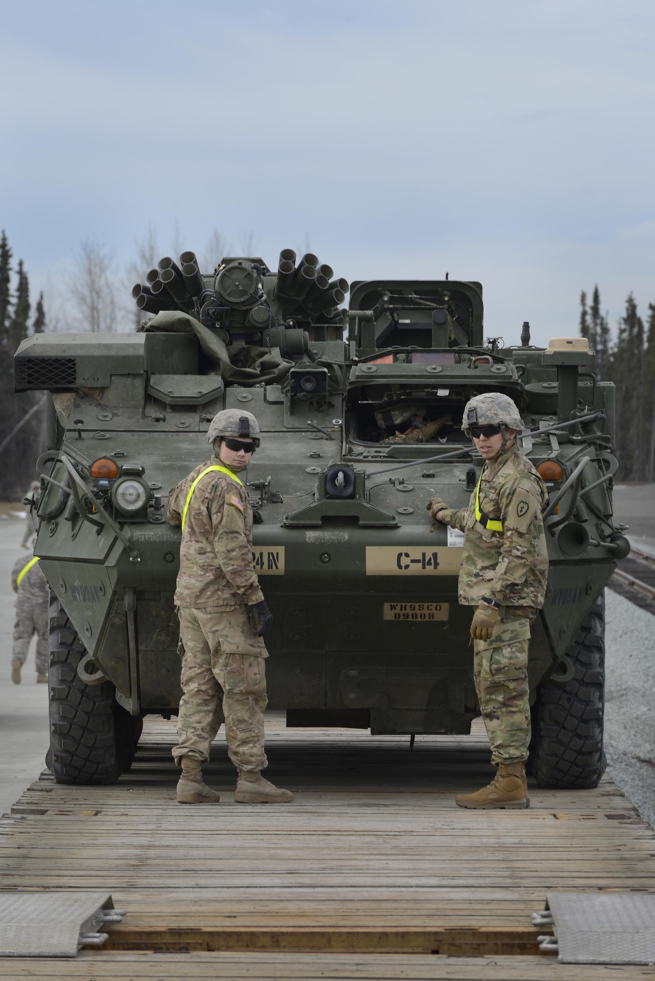Soldiers assigned to the 1st Stryker Brigade Combat Team, 25th Infantry Division “Arctic Wolves,” unload M1126 Stryker Infantry Carrier Vehicles from a railhead on Joint Base Elmendorf-Richardson, April 25, 2017. The Arctic Wolves came to JBER from Fort Wainwright to participate in a training exercise displaying the 1-25 SBCTs deployment capabilities. 