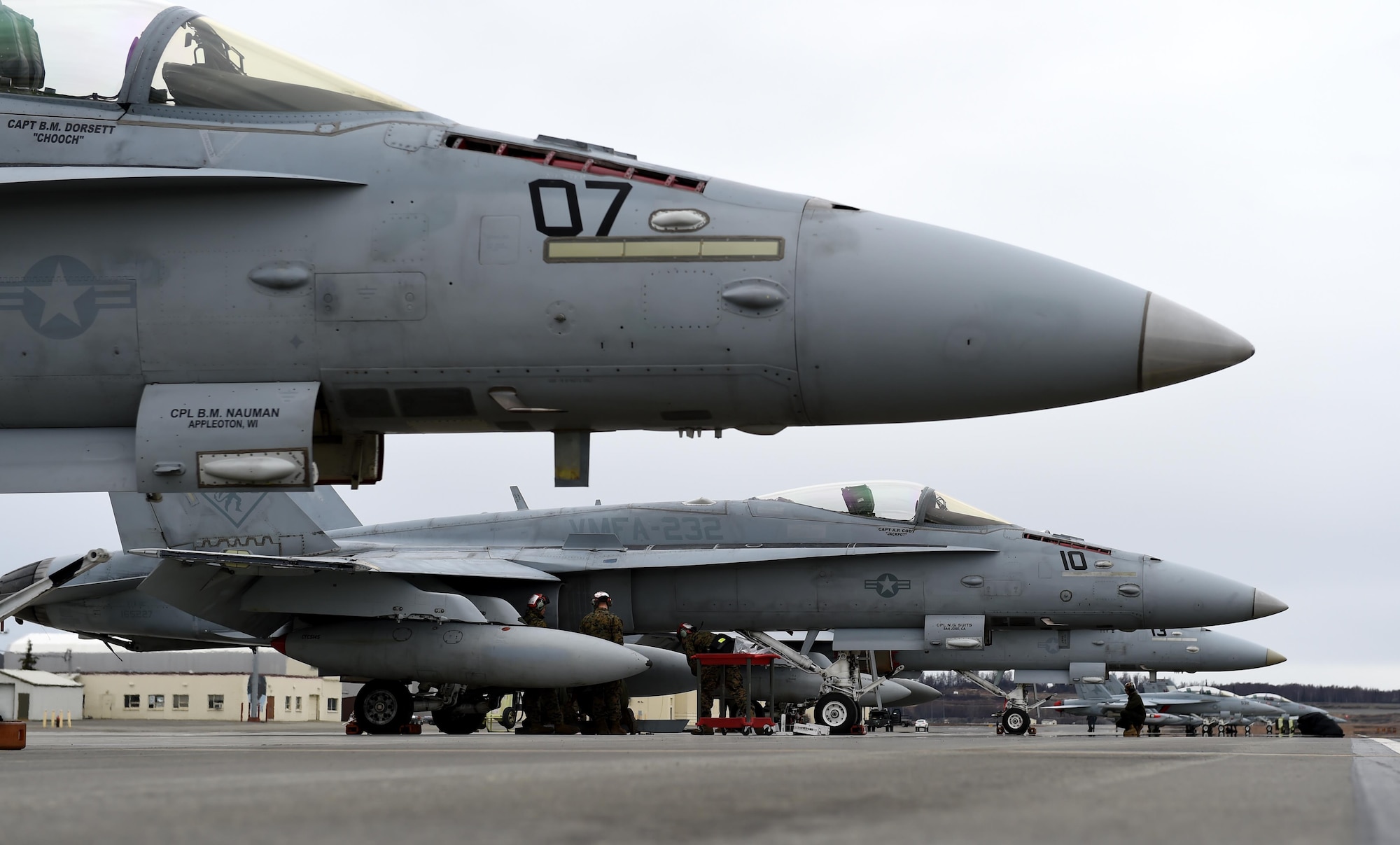 U.S. Marine Corps FA-18C Hornets with Marine Fighter Attack Squadron 232 from Miramar, Calif., arrive at Joint Base Elmendorf-Richardson, Alaska, for Exercise Northern Edge, April 24, 2017. Various military aircraft from all services will practice operations, techniques and procedures while enhancing interoperability during Northern Edge 2017 – Alaska’s premier joint-training exercise. 