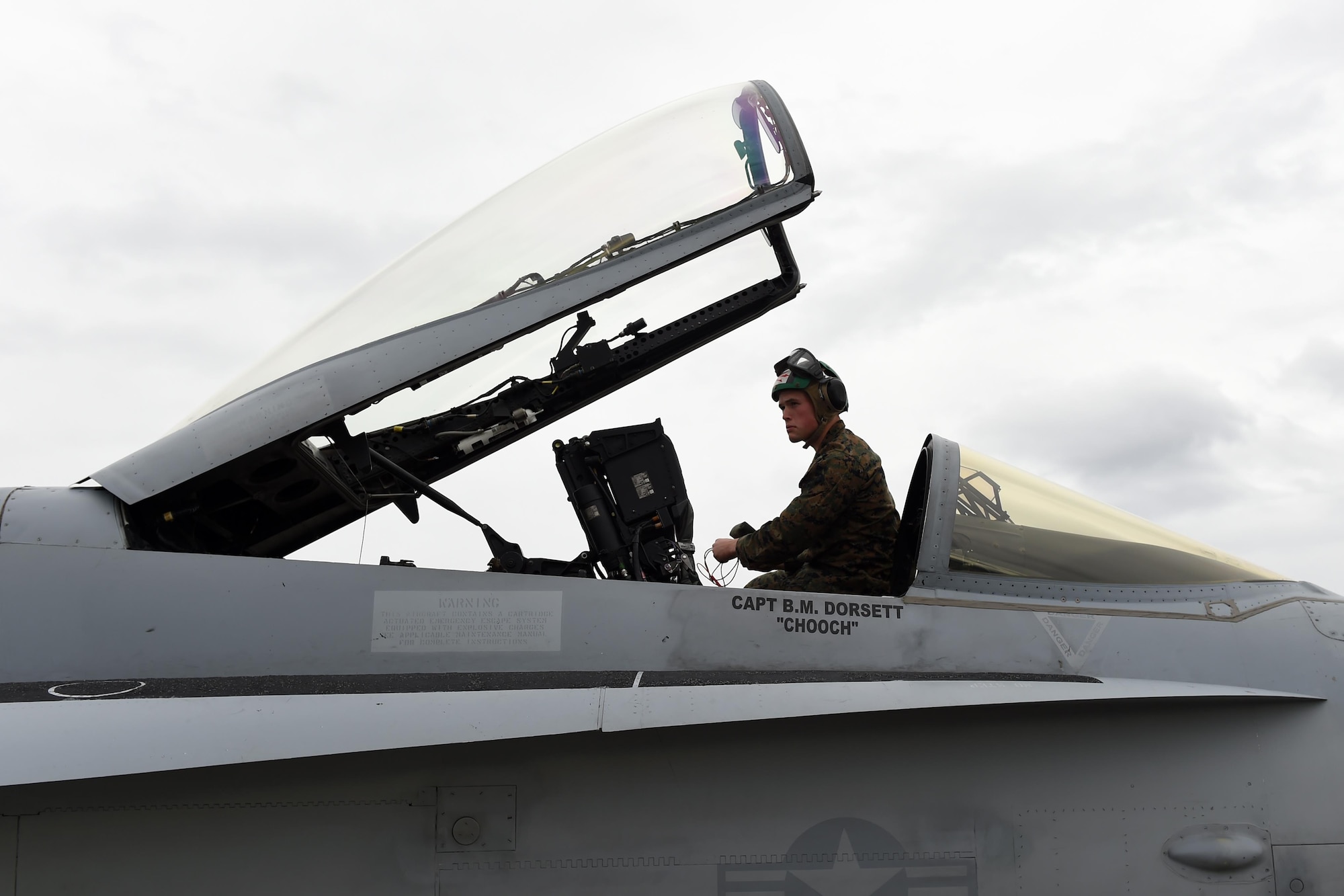 U.S. Marine Corps Sgt. Dominic Schulte, Marine Fighter Attack Squadron 232 flight equipment technician from Miramar, Calif., works on an FA-18C Hornet from his squadron at the flight line at Joint Base Elmendorf-Richardson, Alaska, for Exercise Northern Edge, April 24, 2017. Various military aircraft from all services will practice operations, techniques and procedures while enhancing interoperability during Northern Edge 2017 – Alaska’s premier joint-training exercise. 