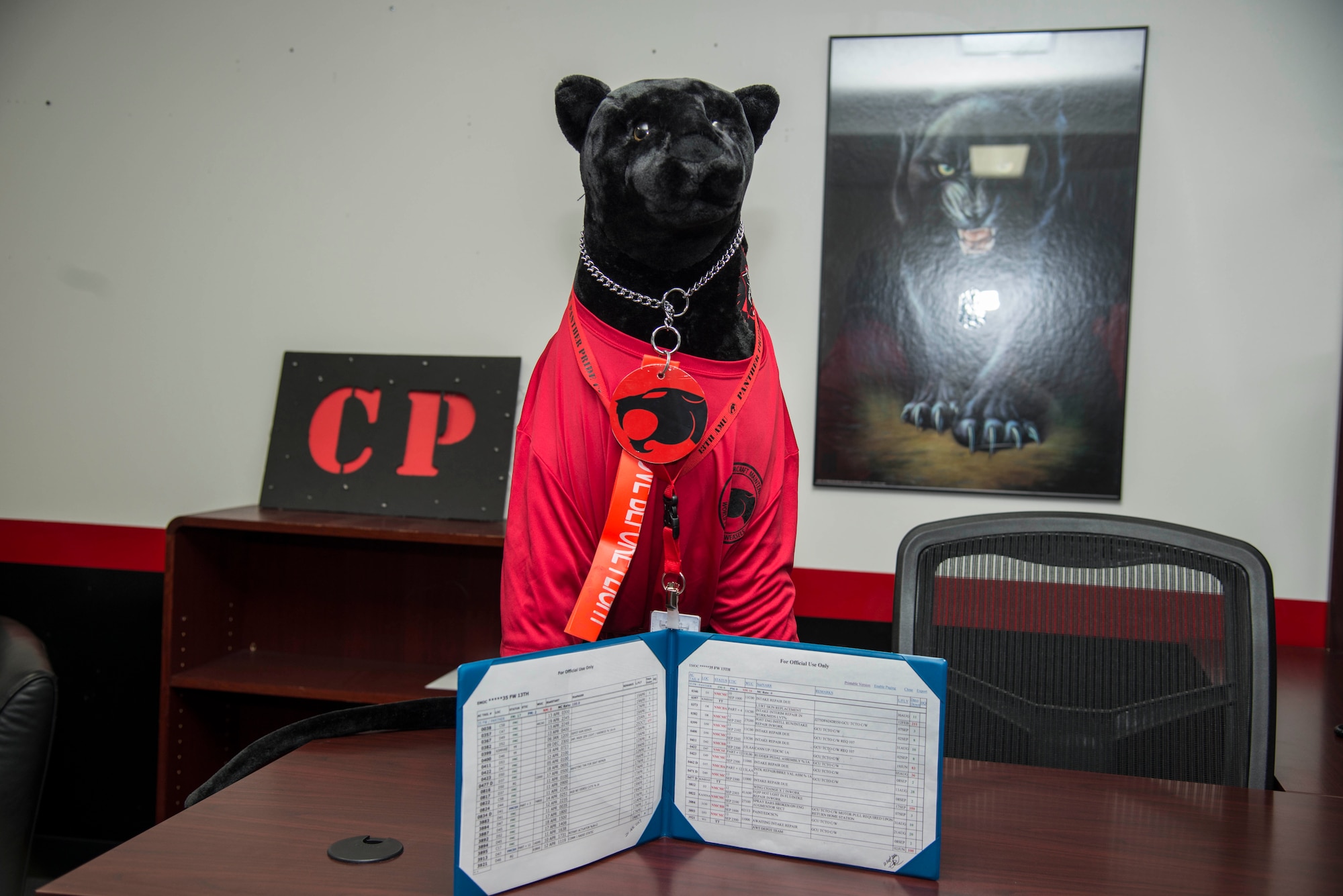 The 13th Aircraft Maintenance Squadron mascot, a panther, sits on a desk with papers showing all aircraft 100 percent mission capable at Misawa Air Base, Japan, April 20, 2017. The 13th AMXS work tirelessly to ensure all the 13th Fighter Squadron's F-16 Fighting Falcons are operationally capable of answering the call. (U.S. Air Force photo by Senior Airman Brittany A. Chase)