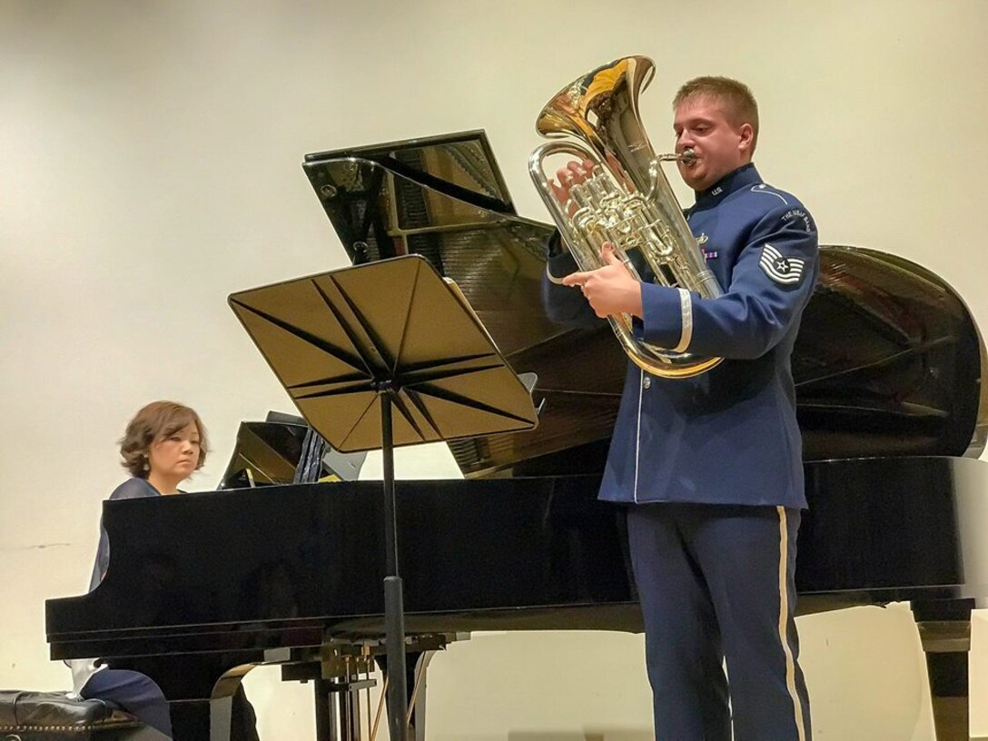 Early this month, members of the USAF Ceremonial Brass' low brass section took the Lyceum (Alexandria, Virginia) by storm. Here is a picture of TSgt. Erik Lundquist honing his craft. He was accompanied by Eunae Ko Han. (U.S. Air Force photos/TSgt Christine Purdue Jones/released)