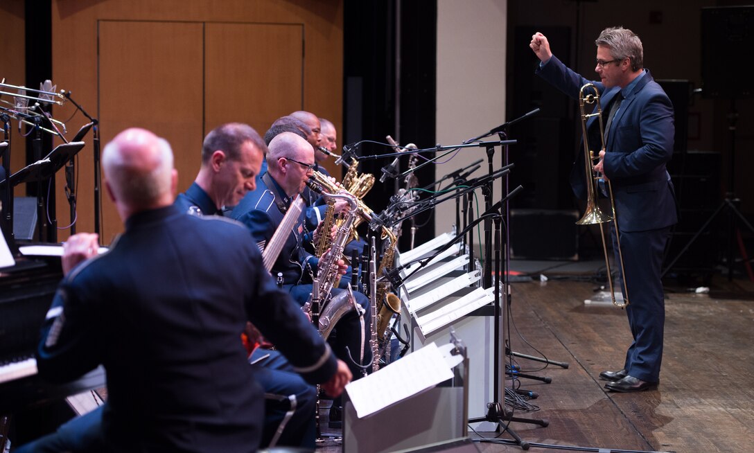 For the last concert in the Airmen of Note Jazz Heritage Series, Marshall Gilkes not only plays, but is conducting one of his own charts. A great way to end a successful series. (U.S. Air Force photos/CMSgt Bob Kamholz/released)
