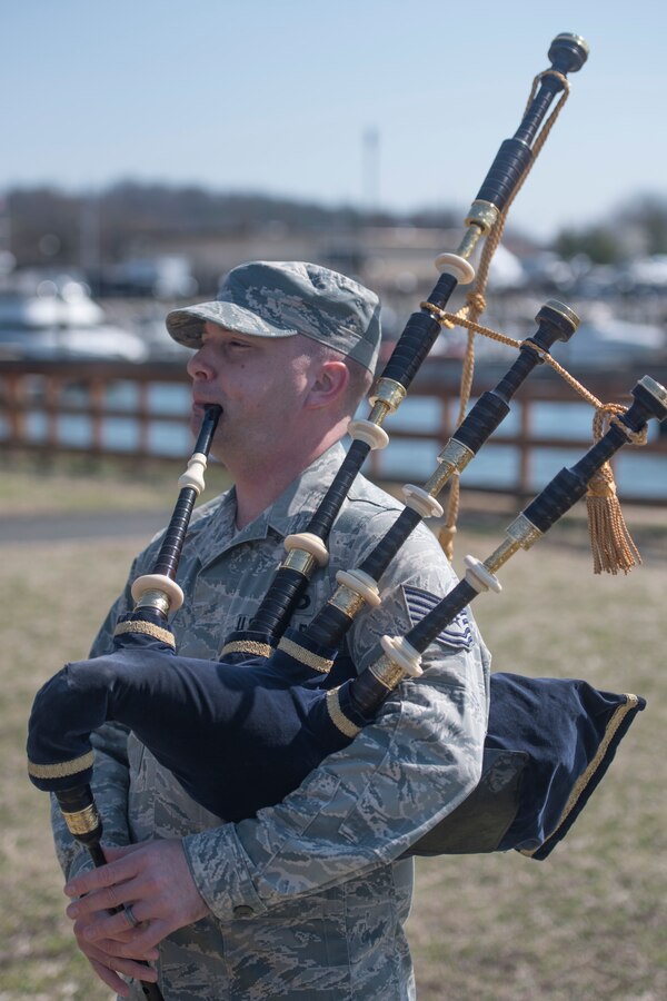 Tech. Sgt. Adam Tianello, U.S. Air Force Band Ceremonial Brass Band bagpiper, plays the bagpipe at Joint Base Anacostia-Bolling, Washington, D.C., March 9, 2017. Tianello joined the Band in 2013 as the only Air Force specialty code bagpiper. (U.S. Air Force photos/Airman 1st Class Rustie Kramer/released)