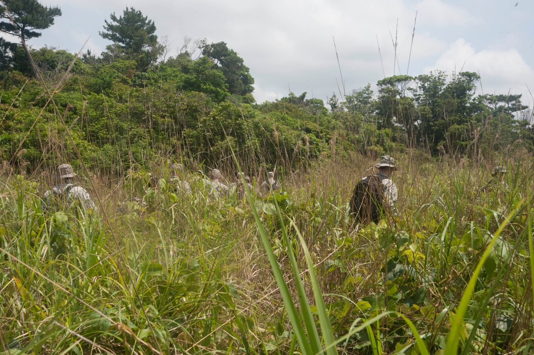 U.S. Air Force Airmen assigned to the 18th Medical Group navigate through tall grass during a navigation exercise during the Preventative Aerospace Medicine Convention April 21, 2017, at Kadena Air Base, Japan. Airmen from public health, bioenvironmental, flight medicine and other units within the 18th MDG led hands-on training activities in order to better prepare and understand the requirements when establishing and supporting an operational site in a deployed environment. (U.S. Air Force photo by Airman 1st Class Quay Drawdy)