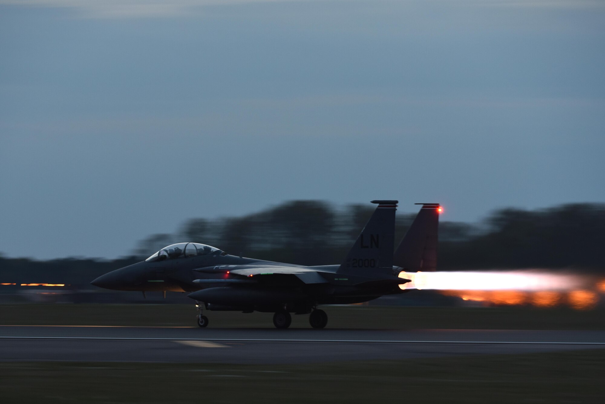An F-15E Strike Eagle takes off at Royal Air Force Lakenheath, England, April 19. The Strike Eagle is a dual-role fighter designed to perform air-to-air and air-to-ground missions. (U.S. Air Force photo/Airman 1st Class Eli Chevalier)