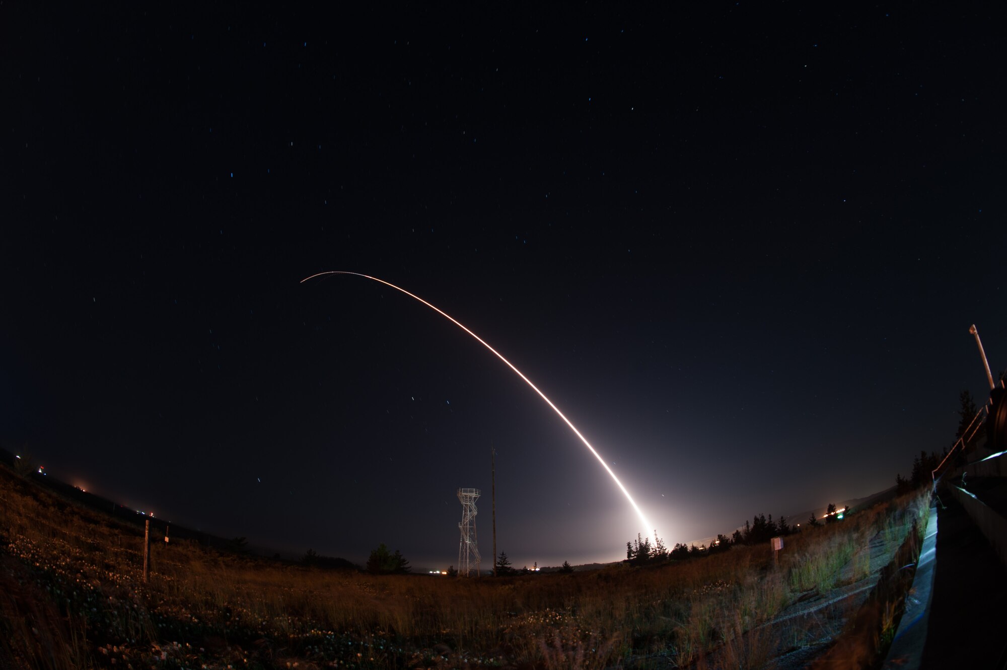 An unarmed Minuteman III intercontinental ballistic missile launches during an operational test at 12:03 a.m., PDT, April 26, from Vandenberg Air Force Base, Calif. (U.S. Air Force photo by Michael Peterson)