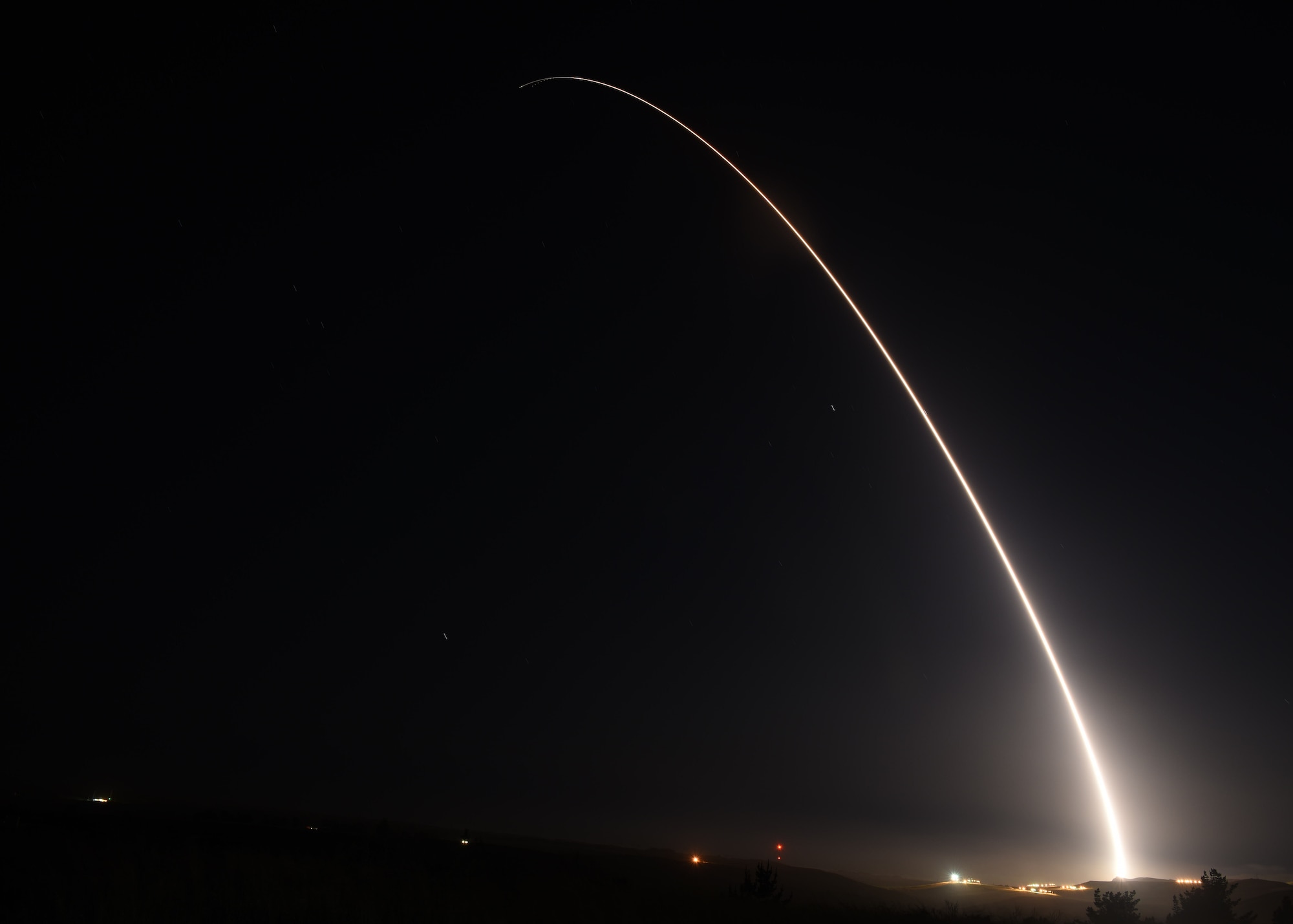 An unarmed Minuteman III intercontinental ballistic missile launches during an operational test at 12:03 a.m., PDT, April 26, from Vandenberg Air Force Base, Calif. (U.S. Air Force photo by Senior Airman Kyla Gifford)