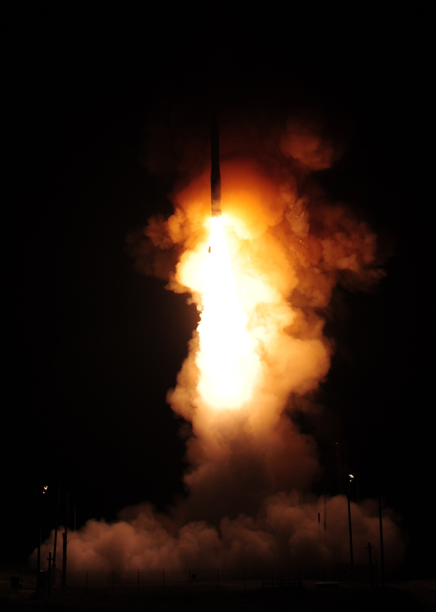 An unarmed Minuteman III intercontinental ballistic missile launches during an operational test at 12:03 a.m., PDT, April 26, from Vandenberg Air Force Base, Calif. (U.S. Air Force photo by Mark P. Mackey)