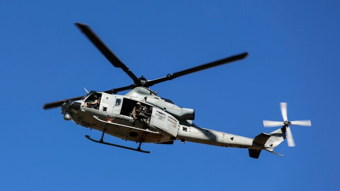 A UH-1Y Huey with Marine Aviation Weapons and Tactics Squadron 1 prepares to land in Kiwanis Park, Ariz., during the Assault Support Tactics 3 training while supporting the semiannual Weapons and Tactics Instructor Course 2-17, April 21. Lasting seven weeks, WTI is a training evolution hosted by MAWTS-1 which provides standardized advanced and tactical training and certification of unit instructor qualifications to support Marine aviation training and readiness. The AST-3 training focused on conducting noncombatant evacuation operations in an urban environment while providing foreign humanitarian assistance to the simulated host nation.